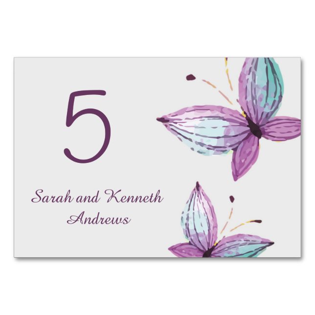 Two purple butterfly in watercolor Table number (Front)