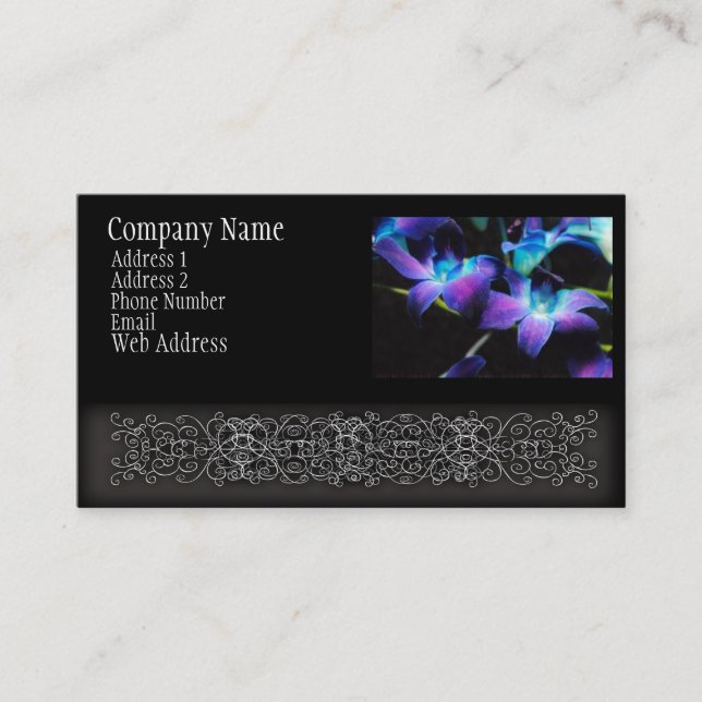Two Purple Orchids On Black Business Card (Front)