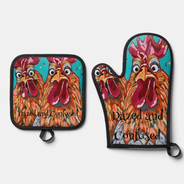 Two Quirky Roosters  Oven Mitt & Pot Holder Set (Front)