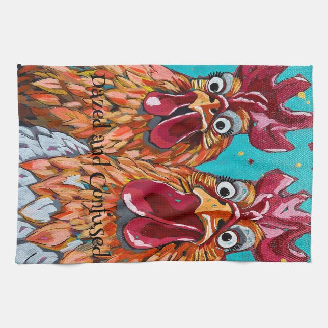 Two Quirky Roosters  Tea Towel (Horizontal)