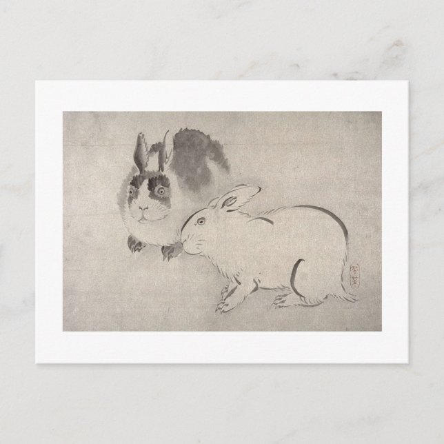 Two Rabbits in Black and White Postcard (Front)
