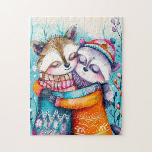 Two Raccoons Hugging in Winter Jigsaw Puzzle