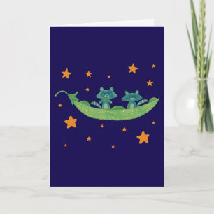 Two Raccoons in a Pea Pod   Whimsical Folk Art Card