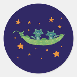 Two Raccoons in a Pea Pod Whimsical Folk Art Classic Round Sticker
