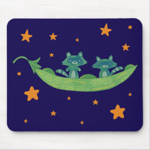 Two Raccoons in a Pea Pod Whimsical Folk Art Mouse Mat