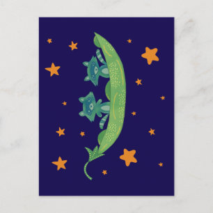 Two Raccoons in a Pea Pod   Whimsical Folk Art Postcard