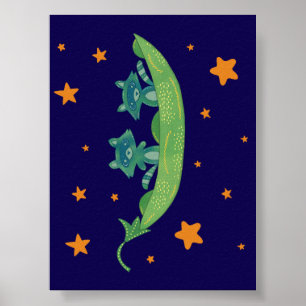 Two Raccoons in a Pea Pod   Whimsical Folk Art Poster