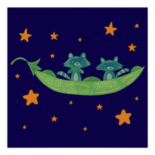 Two Raccoons in a Pea Pod   Whimsical Folk Art Poster