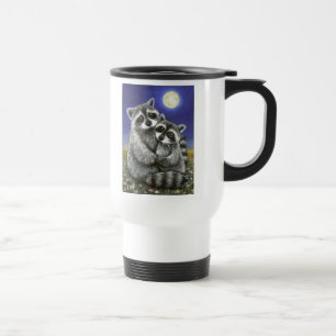 Two raccoons madly in love travel mug