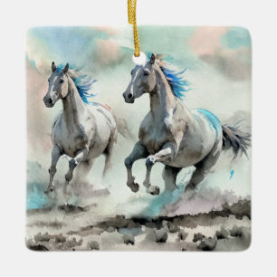 Two Racing Wild Horses Watercolour Ceramic Ornament
