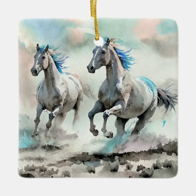 Two Racing Wild Horses Watercolour Ceramic Ornament (Front)