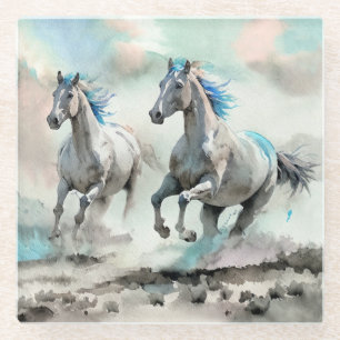 Two Racing Wild Horses Watercolour Glass Coaster