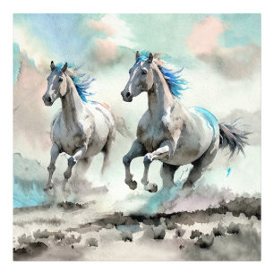Two Racing Wild Horses Watercolour Photo Print