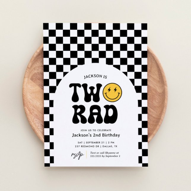 Two Rad Chequered Happy Face 2nd Birthday Invitation (Creator Uploaded)