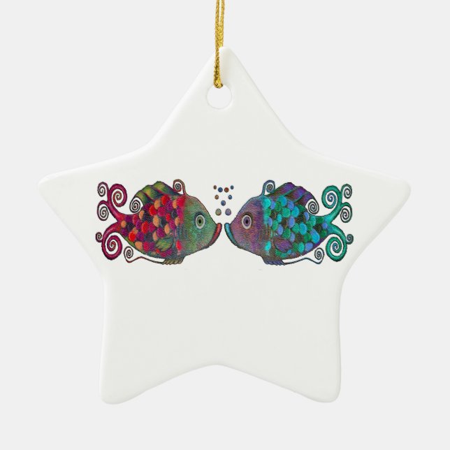 Two Rainbow Whimsical Fish Pair Couple Very Unique Ceramic Tree Decoration (Front)