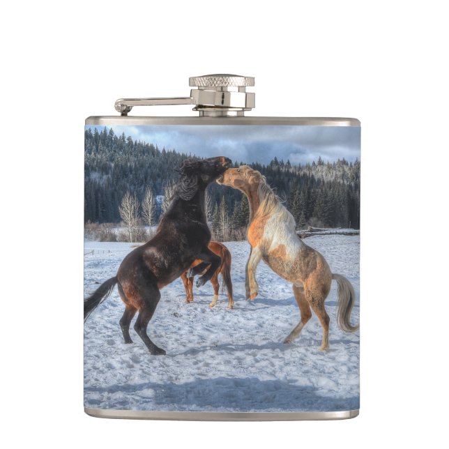 Two Ranch Horses Playfighting in Winter Snow IV Hip Flask (Front)