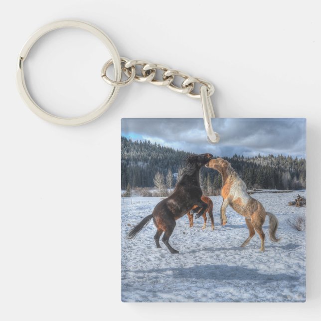 Two Ranch Horses Playfighting in Winter Snow IV Key Ring (Front)