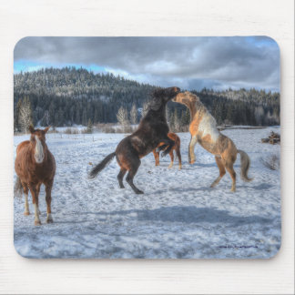 Two Ranch Horses Playfighting in Winter Snow IV Mouse Mat