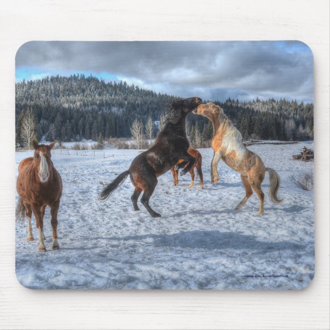 Two Ranch Horses Playfighting in Winter Snow IV Mouse Mat (Front)