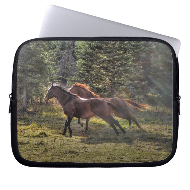 Two Ranch Horses Running in Forest Laptop Sleeve (Front)