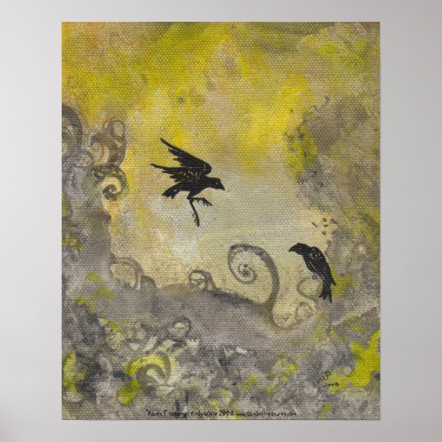 Two Ravens on Smokey Yellow Abstract Art Poster (Front)