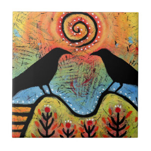 Two ravens sitting and reflecting tile