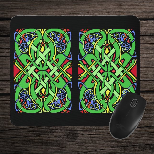 Two Rectangular Irish Celtic Knot Designs on Black Mouse Mat (Fancy Irish Celtic knot design in greens, blue and red on black mousepad.)