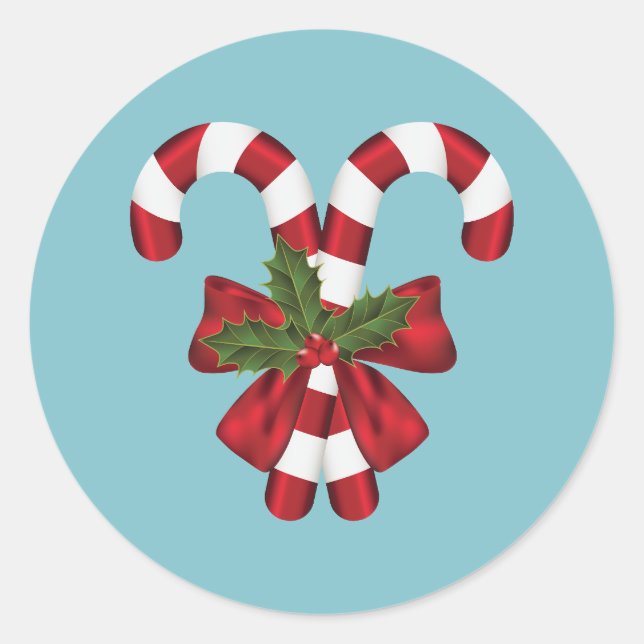 Two Red And White Candy Canes On Blue Classic Round Sticker (Front)