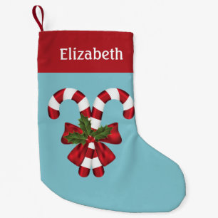 Two Red And White Candy Canes On Blue With Name Small Christmas Stocking