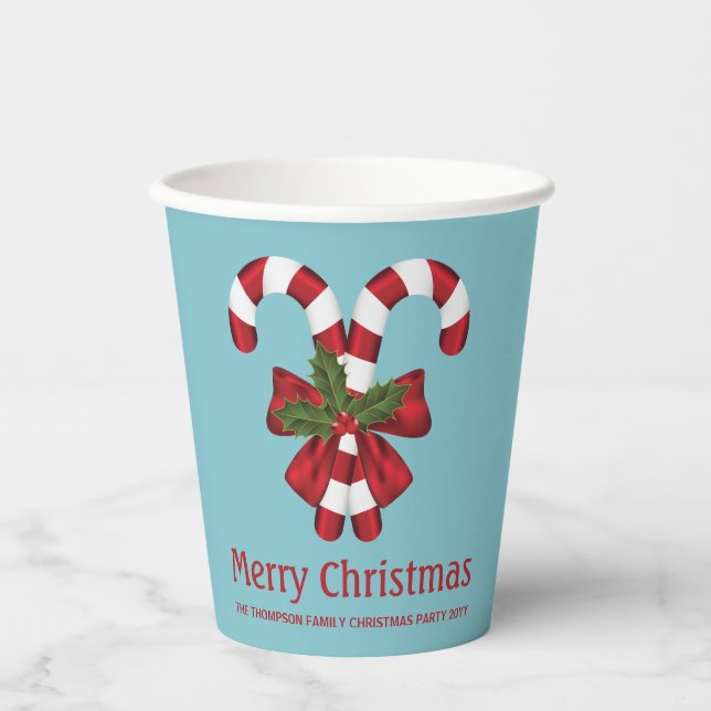 Two Red And White Candy Canes On Blue With Text Paper Cups (Front)