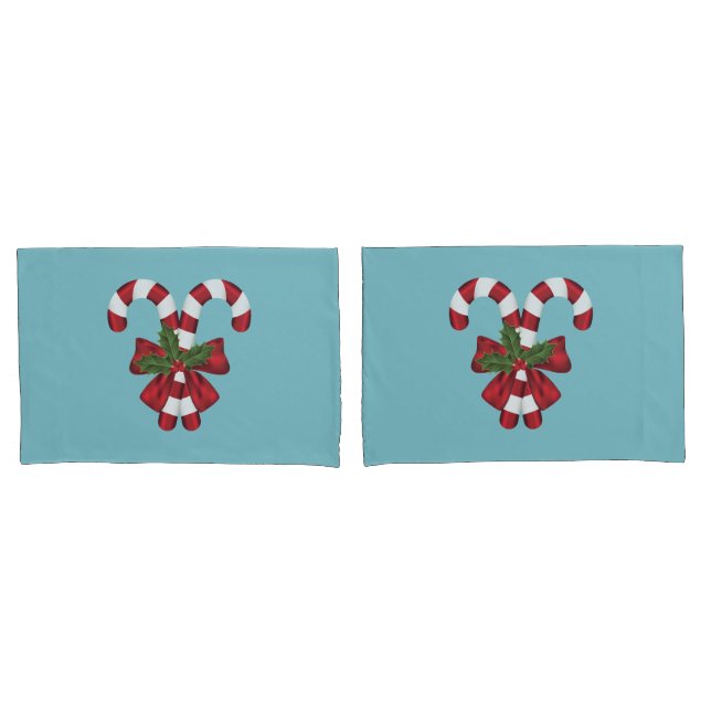 Two Red And White Festive Candy Canes On Blue Pillowcase (Front-Set)