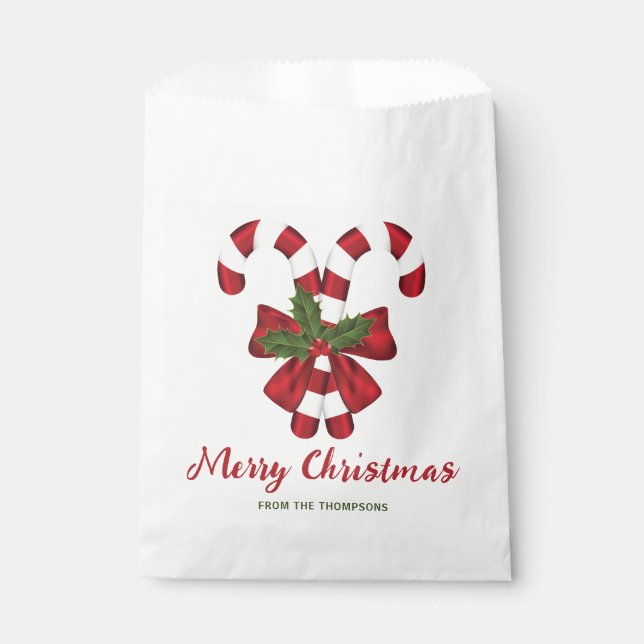 Two Red And White Festive Candy Canes With Text Favour Bags (Front)