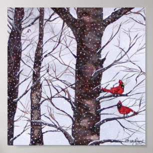 Two Red Birds In Winter Poster