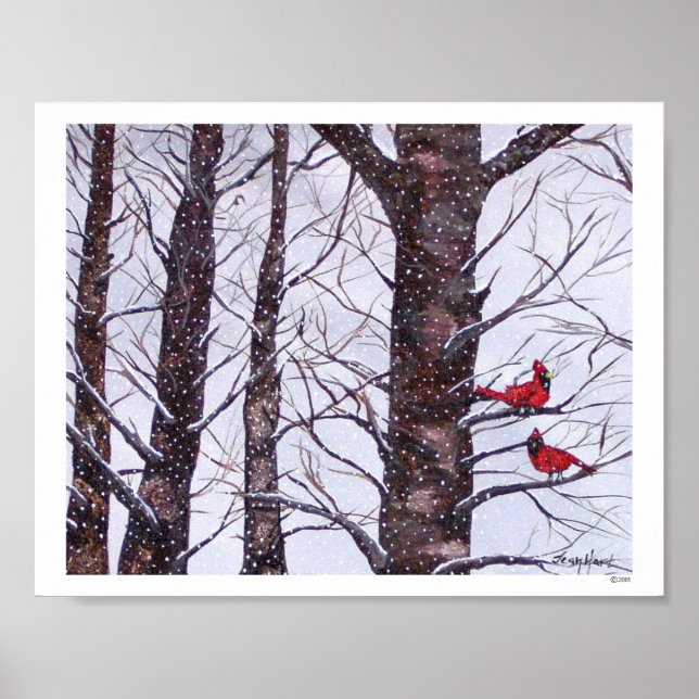Two Red Birds In Winter Poster (Front)