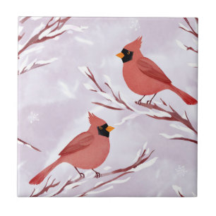 Two Red Cardinals Watercolor Painting Tile