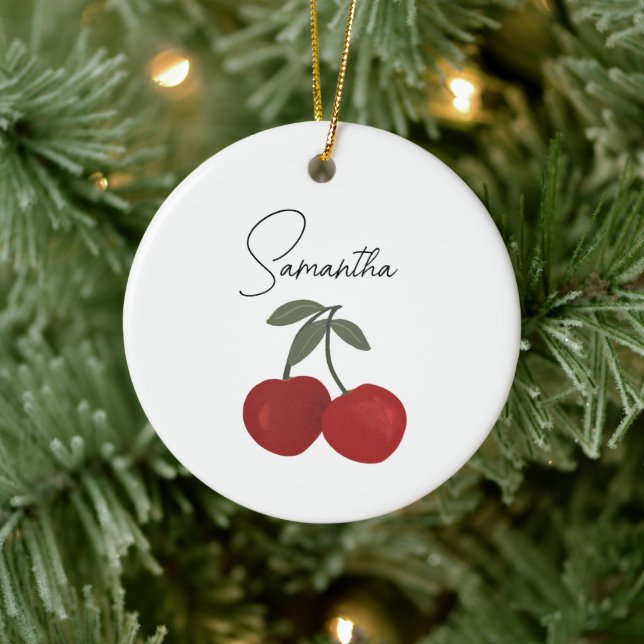 Two Red Cherries Illustration | Cute Fruit Art  Ceramic Tree Decoration (Tree)
