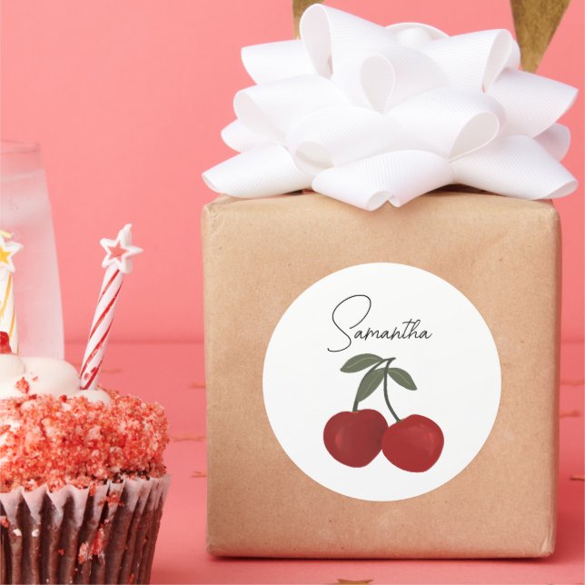 Two Red Cherries Illustration | Cute Fruit Art  Classic Round Sticker (Party)