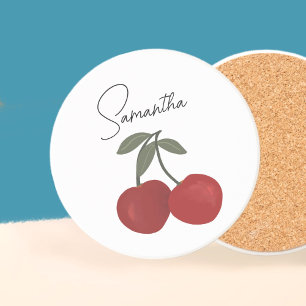 Two Red Cherries Illustration Cute Fruit Art Coaster