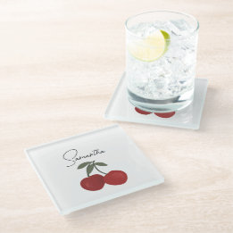 Two Red Cherries Illustration | Cute Fruit Art  Glass Coaster