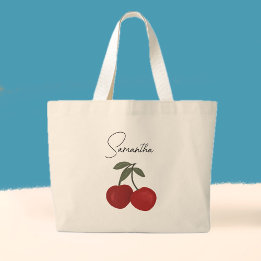 Two Red Cherries Illustration | Cute Fruit Art  Large Tote Bag