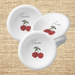 Two Red Cherries Illustration | Cute Fruit Art  Paper Plate