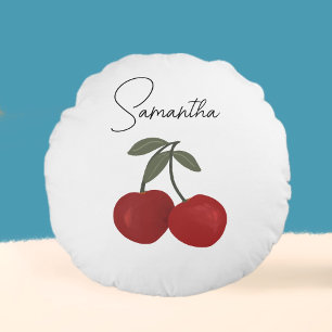 Two Red Cherries Illustration Cute Fruit Art Round Cushion