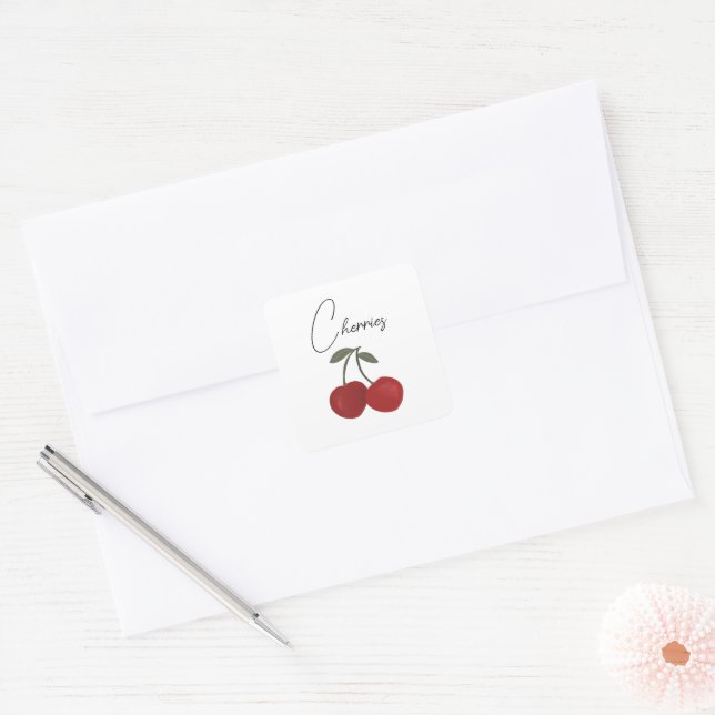 Two Red Cherries Illustration | Cute Fruit Art  Square Sticker (Envelope)