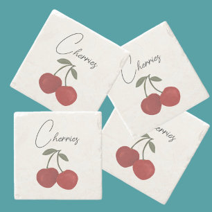 Two Red Cherries Illustration Cute Fruit Art Stone Coaster