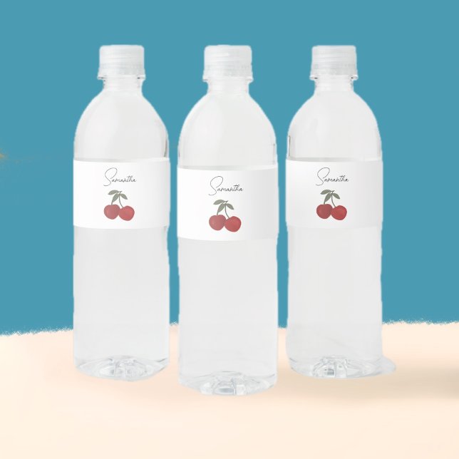 Two Red Cherries Illustration | Cute Fruit Art  Water Bottle Label (Creator Uploaded)