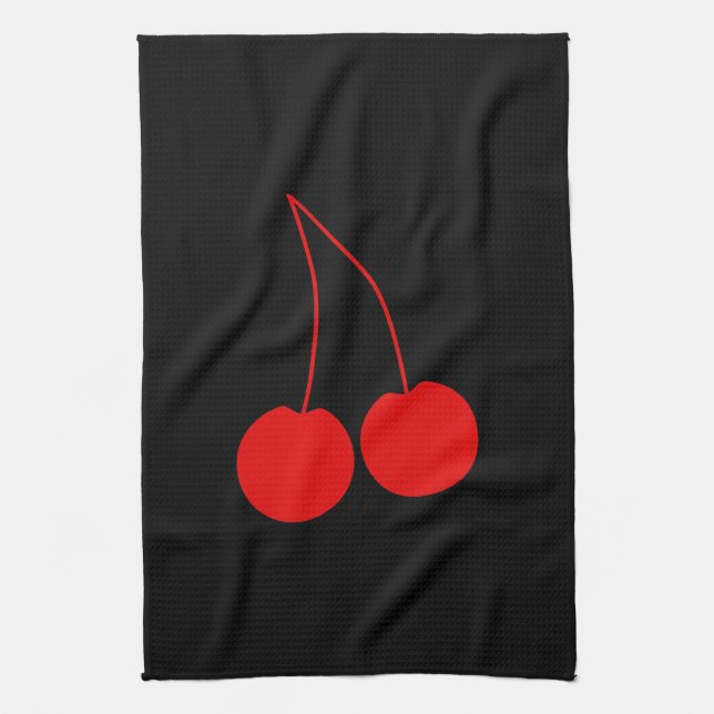 Two Red Cherries on Black. Tea Towel (Vertical)