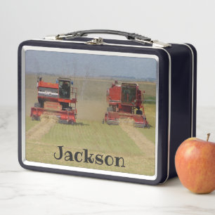 Two Red Combines Farmers Metal Lunchbox