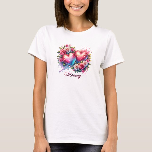 Two red glitter hearts blush roses Mother's day T-Shirt (Front)