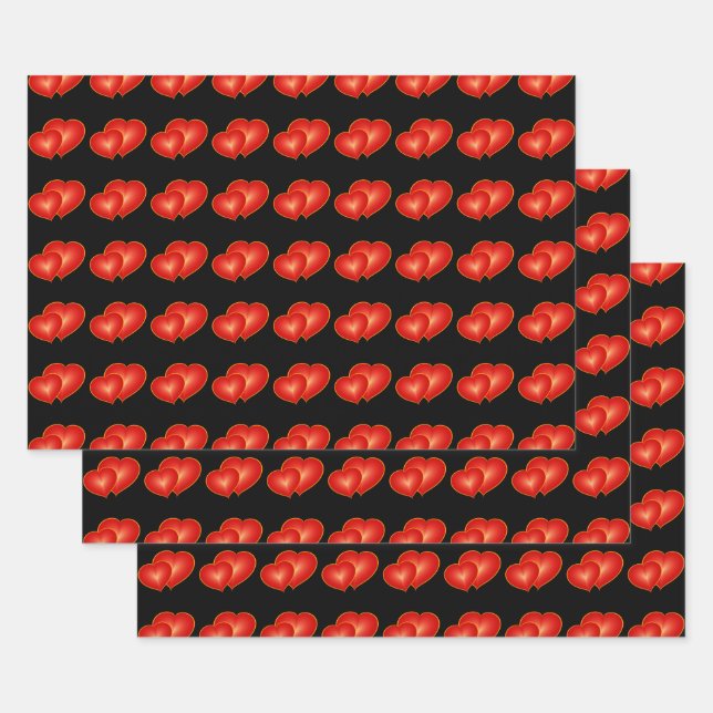 Two Red Hearts, Modern Digital Art Graphic Wrapping Paper Sheet (Set)