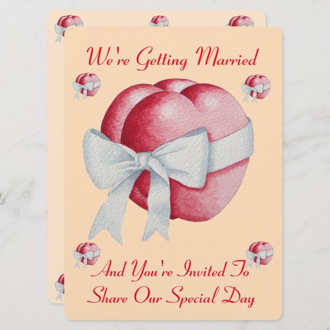 two red hearts tied with white bow wedding invitation (Front/Back)